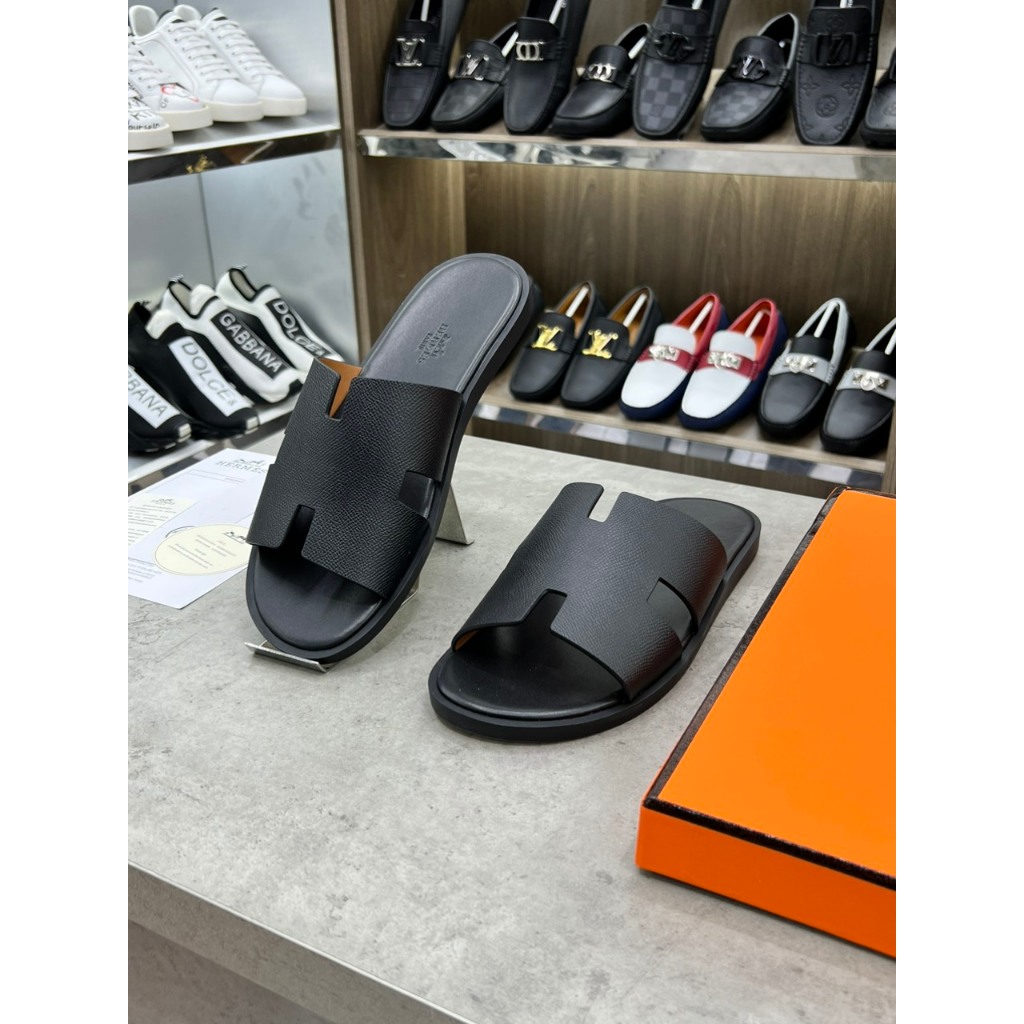 [ Ocean Park Luxury ] Dép Slides HM đen taiga nam cao cấp,quai da thật,bảng nâng cấp fom đế likeau