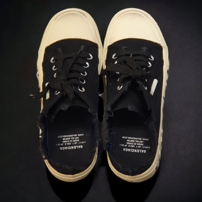 [ AIO LUXURY ] Giày thế thao đạp gót BALENCIAGA đen canvas họa tiết chữ đế cao cấp,Sục BALENCIAGA màu đen có chữ đế