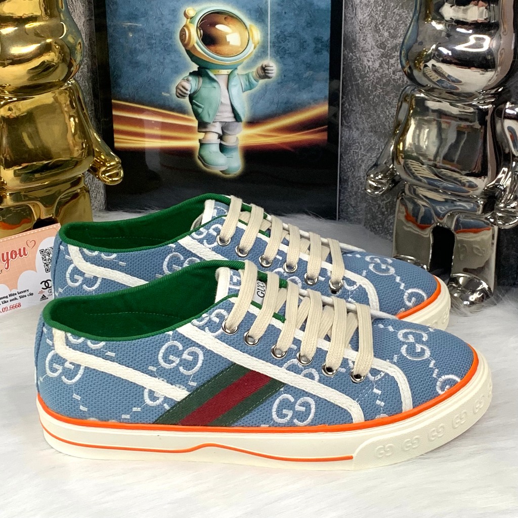 [ Ocean Park Luxury ] Giày Cao Cấp Thể Thảo Gu.cci Wmns Tennis 1977 XANH NHẠT 'Light Blue' Viền Cam BẢN ĐẸP NHẤT
