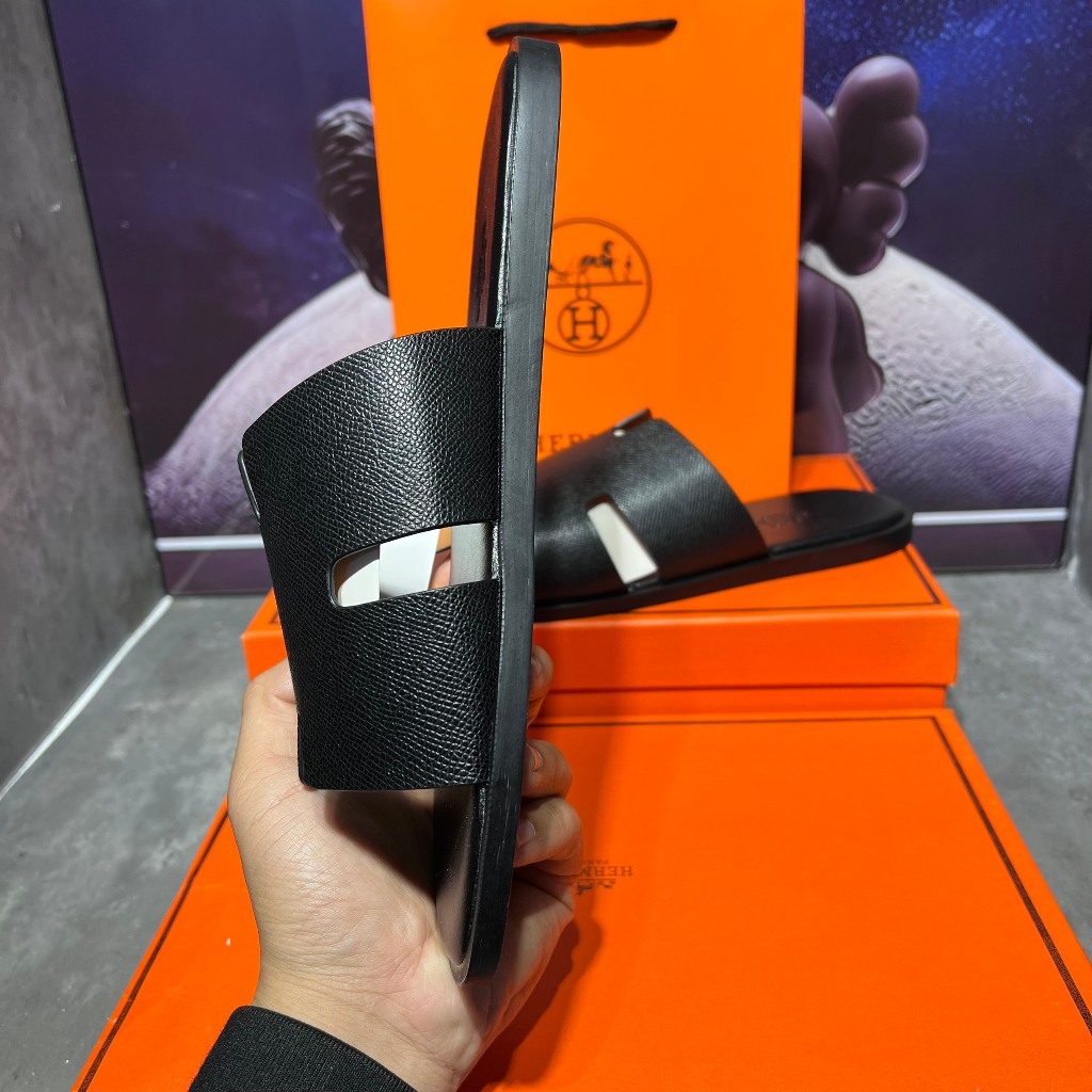 [ Ocean Park Luxury ] Dép Slides HM đen taiga nam cao cấp,quai da thật,bảng nâng cấp fom đế likeau