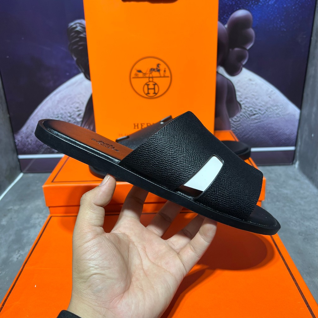 [ Ocean Park Luxury ] Dép Slides HM đen taiga nam cao cấp,quai da thật,bảng nâng cấp fom đế likeau