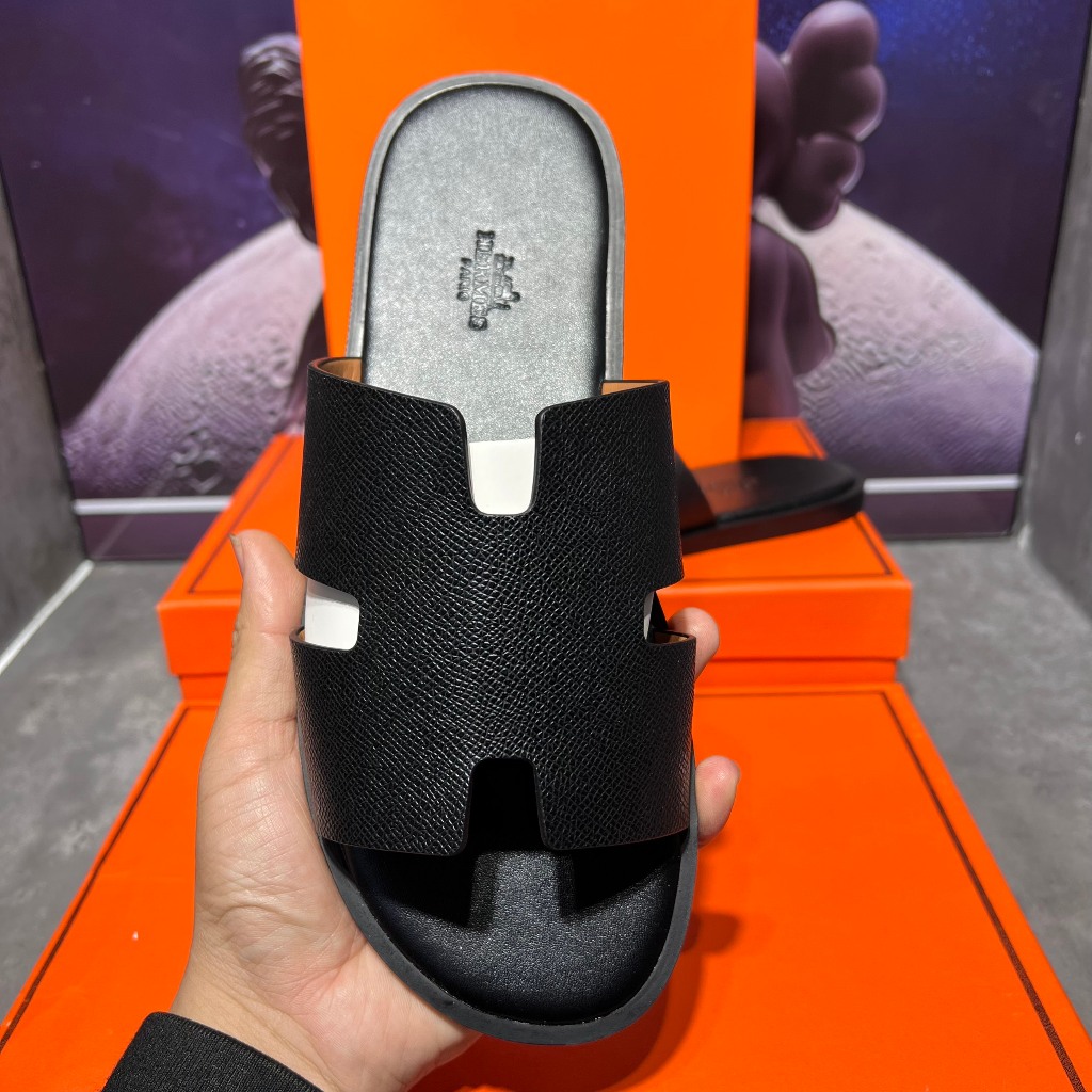 [ Ocean Park Luxury ] Dép Slides HM đen taiga nam cao cấp,quai da thật,bảng nâng cấp fom đế likeau