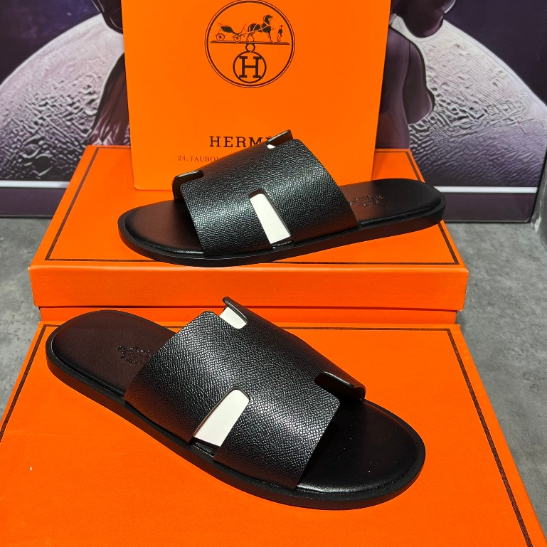 [ Ocean Park Luxury ] Dép Slides HM đen taiga nam cao cấp,quai da thật,bảng nâng cấp fom đế likeau