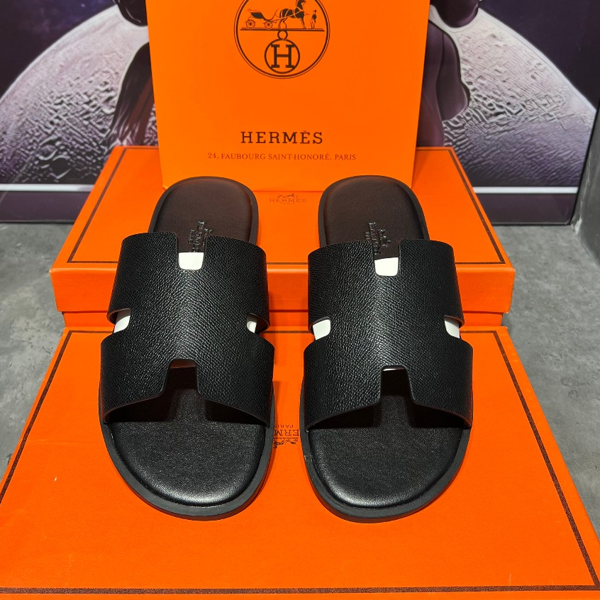 [ Ocean Park Luxury ] Dép Slides HM đen taiga nam cao cấp,quai da thật,bảng nâng cấp fom đế likeau