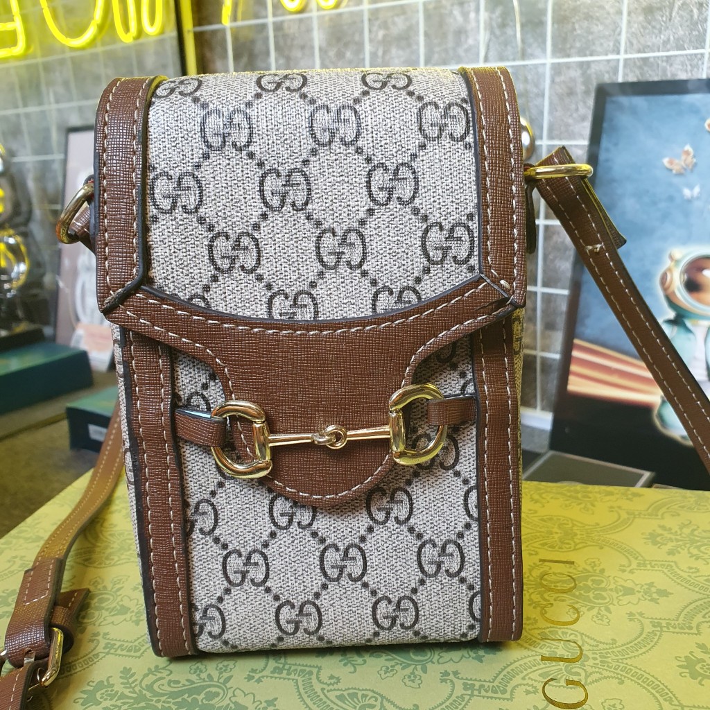 Túi đeo chéo da nam nữ mini bag GG nâu hoạ tiết chữ chéo monogram móc xích khoá nam châm,Túi phone Mini Nam Nữ Phố