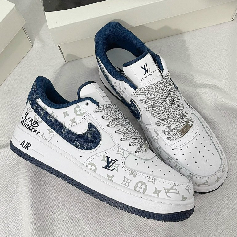 Giày AF1 LV Xanh Navy Siêu Cấp,af1 07 Low Dark Denim Blue White Sliver, AF1 Trắng Móc Xanh