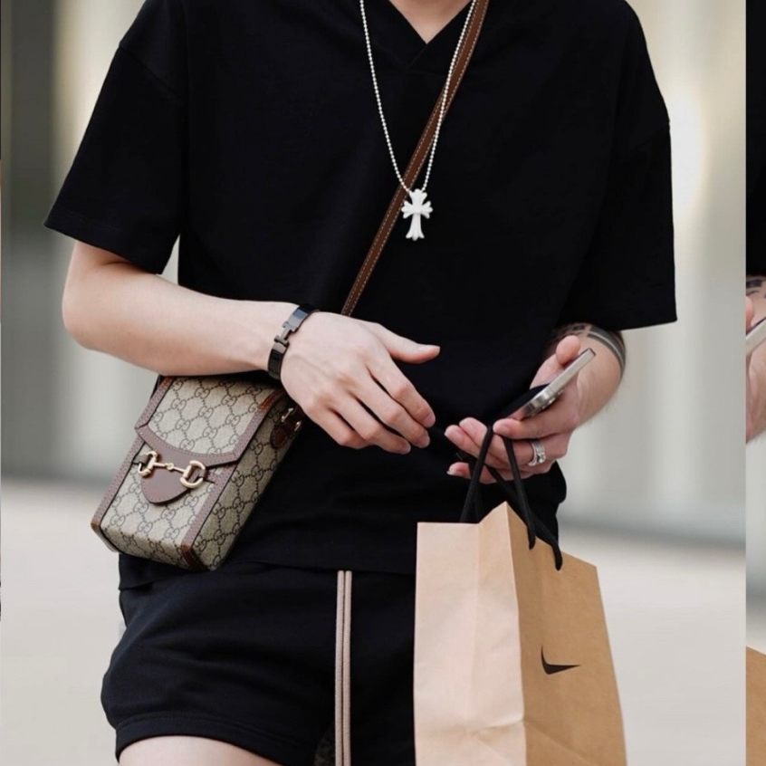 Túi đeo chéo da nam nữ mini bag GG nâu hoạ tiết chữ chéo monogram móc xích khoá nam châm,Túi phone Mini Nam Nữ Phố