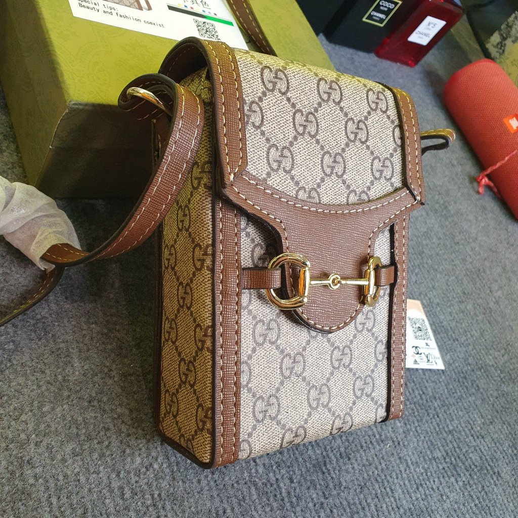 Túi đeo chéo da nam nữ mini bag GG nâu hoạ tiết chữ chéo monogram móc xích khoá nam châm,Túi phone Mini Nam Nữ Phố