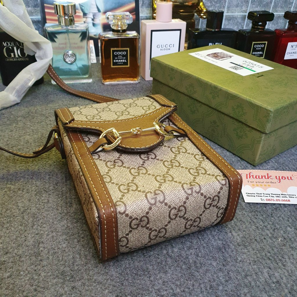 Túi đeo chéo da nam nữ mini bag GG nâu hoạ tiết chữ chéo monogram móc xích khoá nam châm,Túi phone Mini Nam Nữ Phố