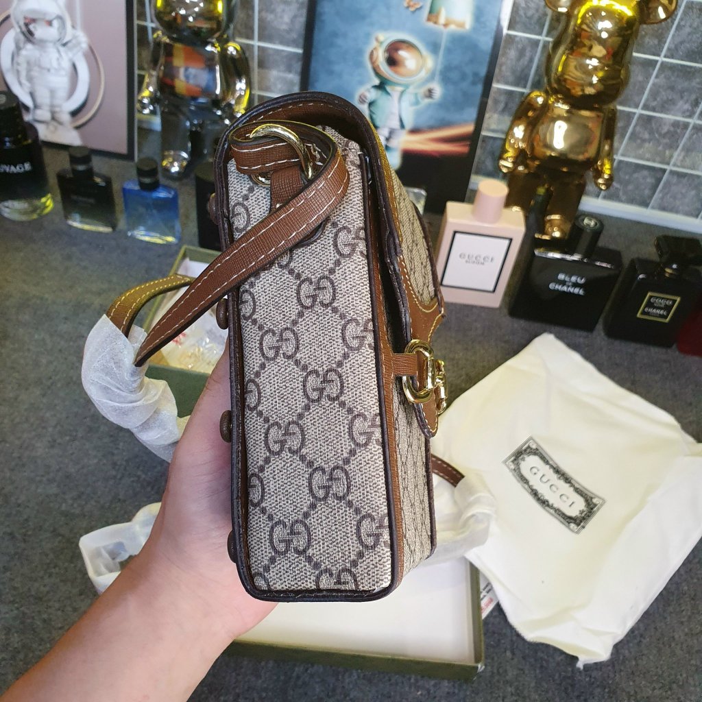 Túi đeo chéo da nam nữ mini bag GG nâu hoạ tiết chữ chéo monogram móc xích khoá nam châm,Túi phone Mini Nam Nữ Phố