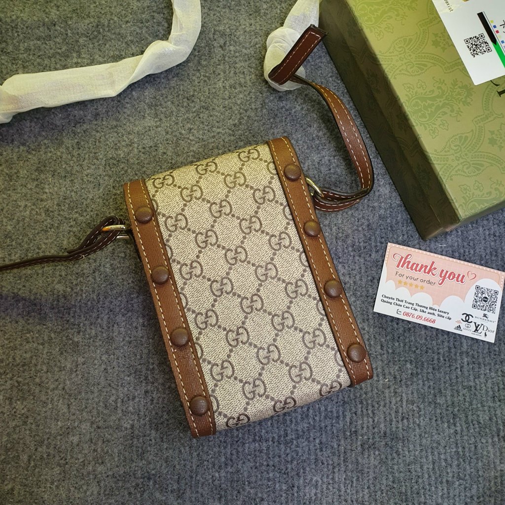 Túi đeo chéo da nam nữ mini bag GG nâu hoạ tiết chữ chéo monogram móc xích khoá nam châm,Túi phone Mini Nam Nữ Phố