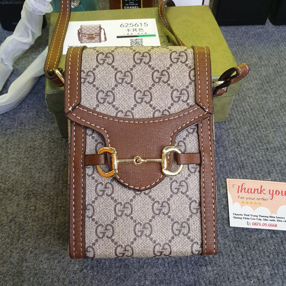 Túi đeo chéo da nam nữ mini bag GG nâu hoạ tiết chữ chéo monogram móc xích khoá nam châm,Túi phone Mini Nam Nữ Phố