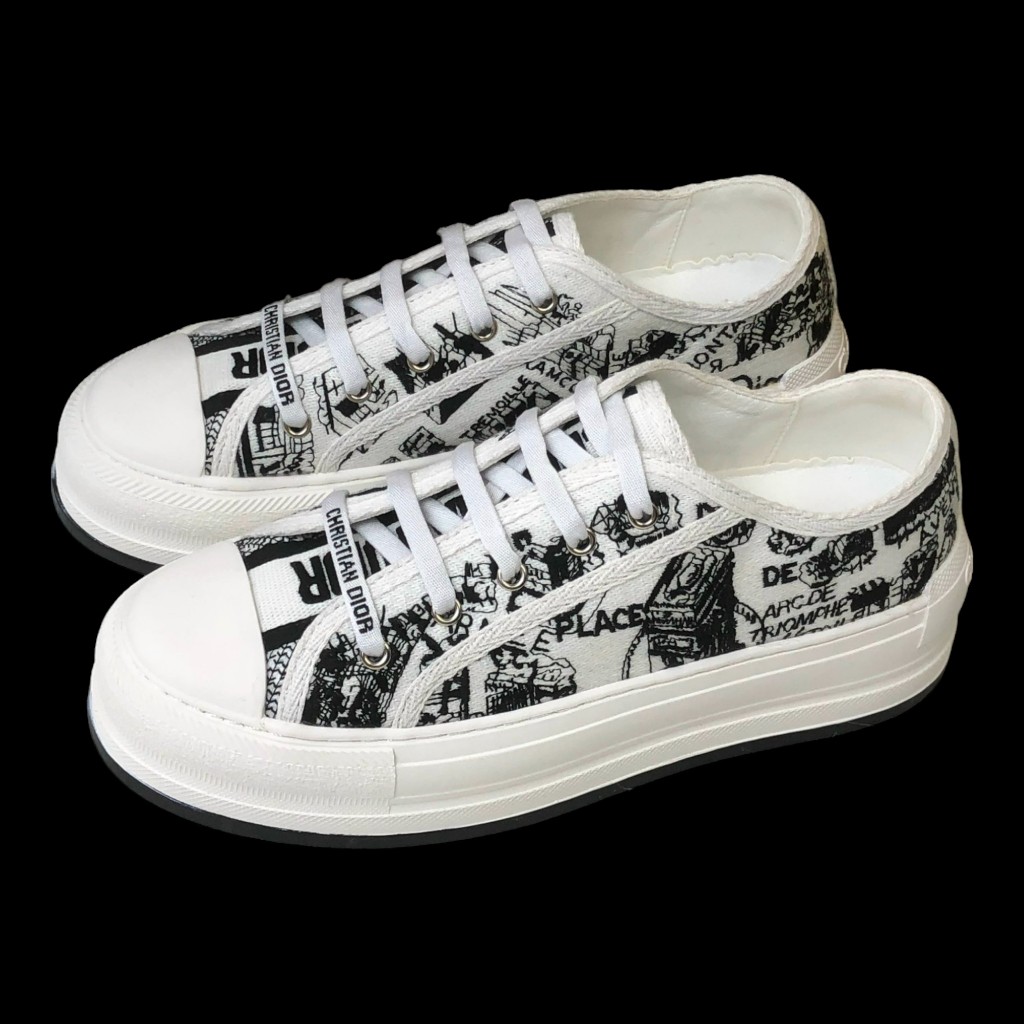 GIÀY thể thao Unisex Đế Độn Walk N Di.or White and black Cotton Embroidered with plan de Paris Motif Platfom Sneaker