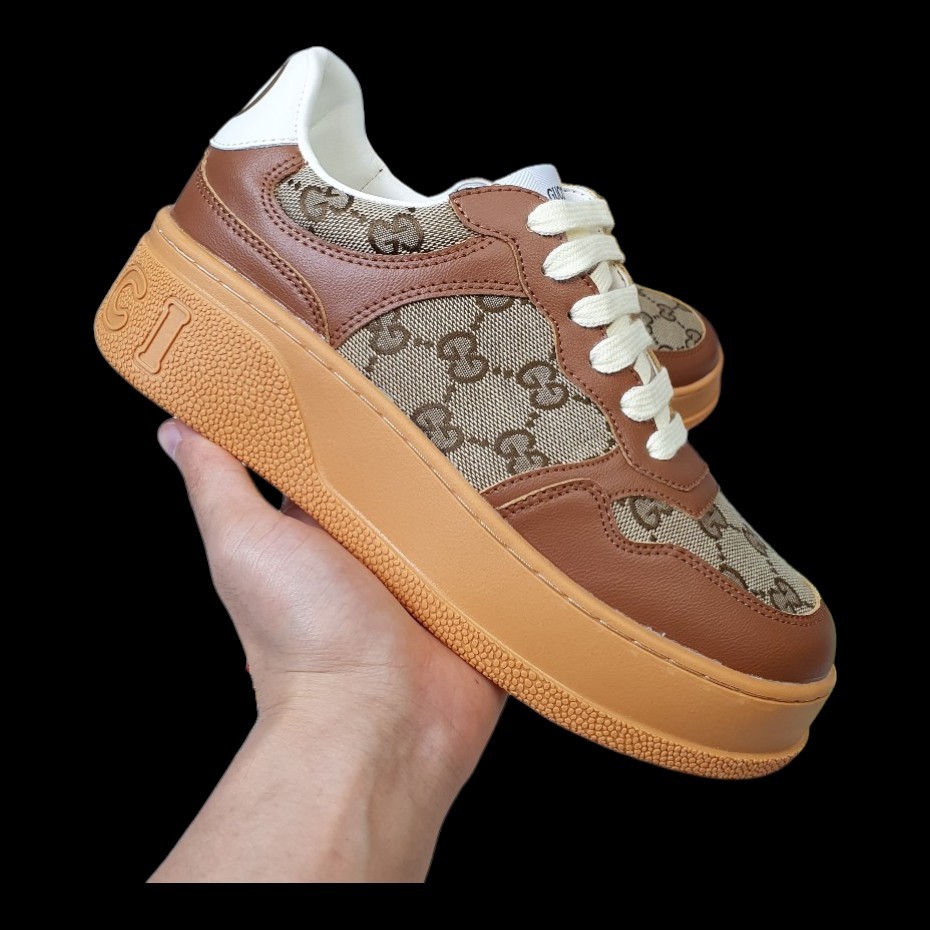 Giày Thể Thao Gu.cci Nâu Monogram Blue Beige GC Đế Cao 6cm Hàng Cao Cấp 2024, Bánh mì vàng sơn tùng