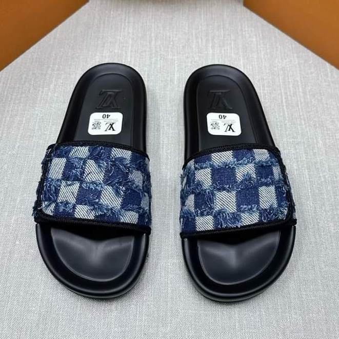 Dép LV Xanh navy bò rách Thiết Kế Quai Dán Điều Chỉnh To/Nhỏ , dép lv quai dán đế độn cao cấp ( Hàng Full Box Bill )
