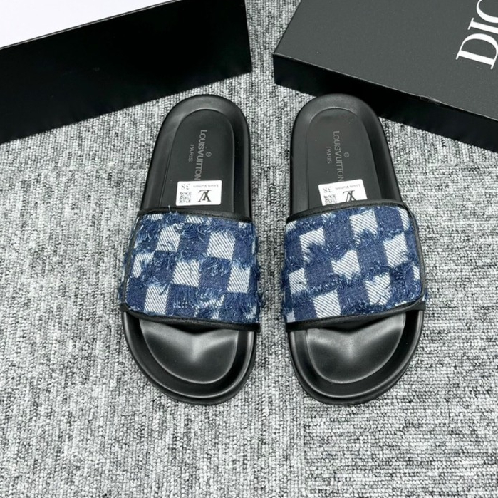 Dép LV Xanh navy bò rách Thiết Kế Quai Dán Điều Chỉnh To/Nhỏ , dép lv quai dán đế độn cao cấp ( Hàng Full Box Bill )