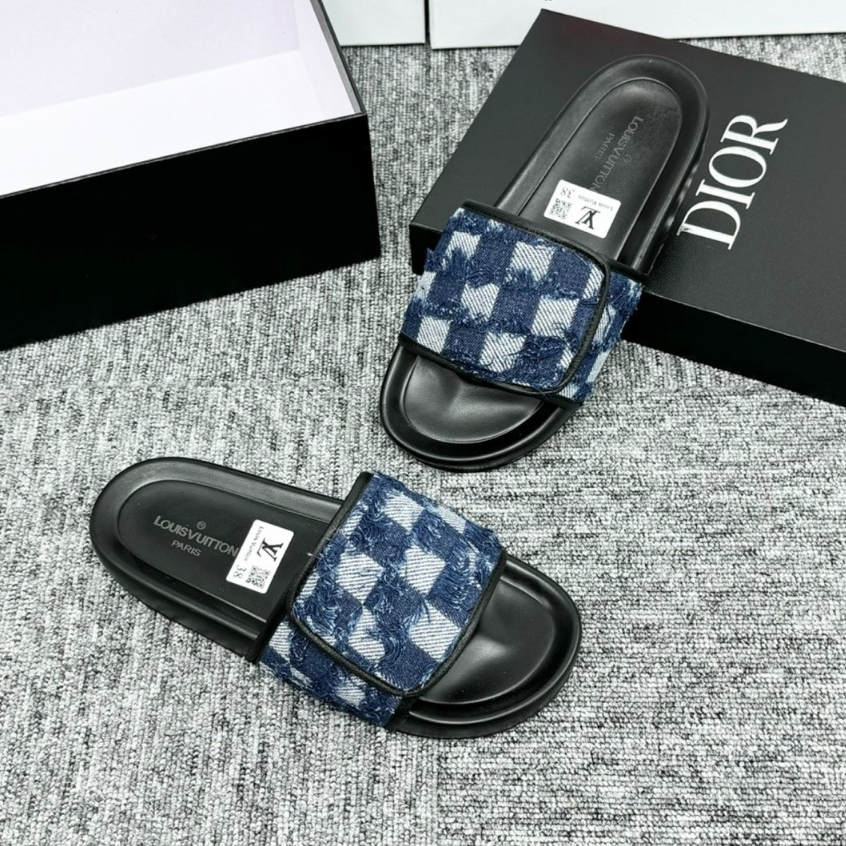 Dép LV Xanh navy bò rách Thiết Kế Quai Dán Điều Chỉnh To/Nhỏ , dép lv quai dán đế độn cao cấp ( Hàng Full Box Bill )