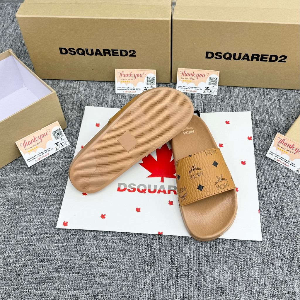 Dép quai ngang nam nữ MCM vàng Hoạ Tiết Tag Logo hàng QC loại 1,Dép MCM Wmms Slides Monogram