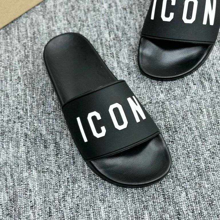 Dép hót mới DSQ ICON  đen full. Chữ icon in nổi, Đế dập vân chống trơn trượt cực cốt 2024
