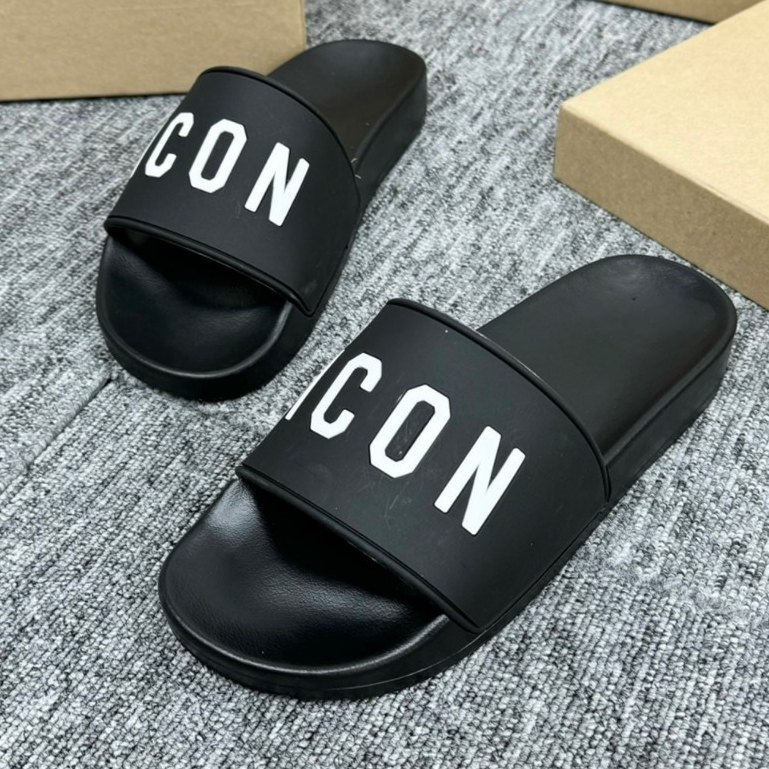 Dép hót mới DSQ ICON  đen full. Chữ icon in nổi, Đế dập vân chống trơn trượt cực cốt 2024