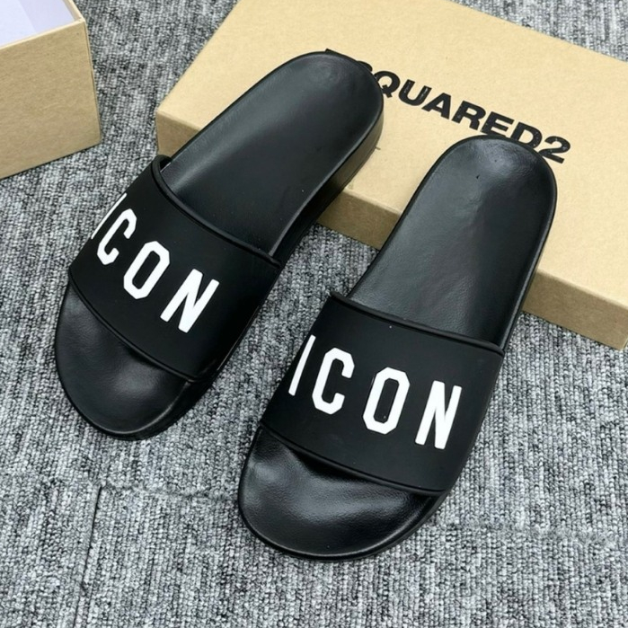 Dép hót mới DSQ ICON  đen full. Chữ icon in nổi, Đế dập vân chống trơn trượt cực cốt 2024