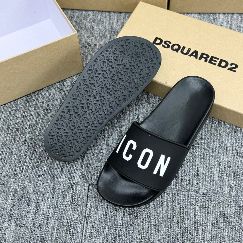 Dép hót mới DSQ ICON  đen full. Chữ icon in nổi, Đế dập vân chống trơn trượt cực cốt 2024