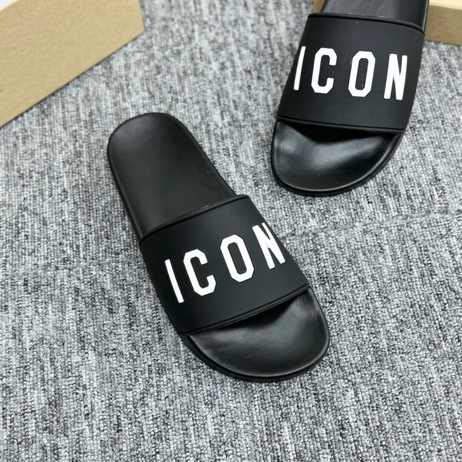 Dép hót mới DSQ ICON  đen full. Chữ icon in nổi, Đế dập vân chống trơn trượt cực cốt 2024