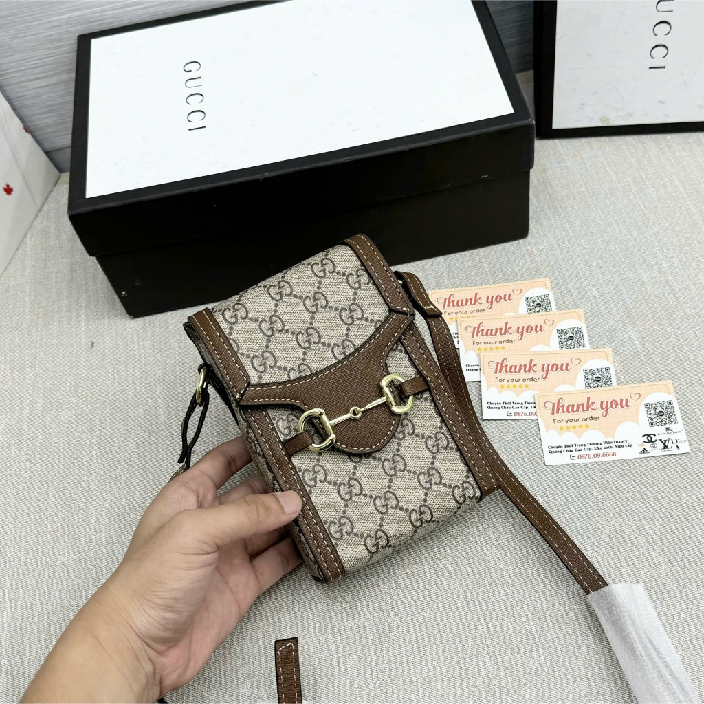 Túi xách DA nữ đeo chéo Túi đeo chéo da nam nữ mini bag GG nâu hoạ tiết chữ chéo monogram móc xích khoá nam châm