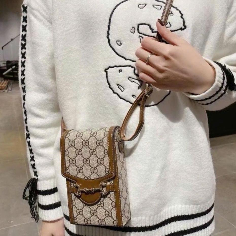 Túi xách DA nữ đeo chéo Túi đeo chéo da nam nữ mini bag GG nâu hoạ tiết chữ chéo monogram móc xích khoá nam châm