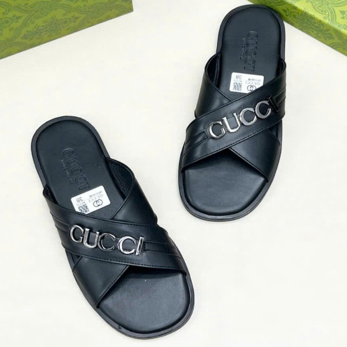 Dép Kẹp quai chéo GC Da Nam Cao Cấp Da Trơn, Da Vân Cá Sấu Kèm logo kim loại