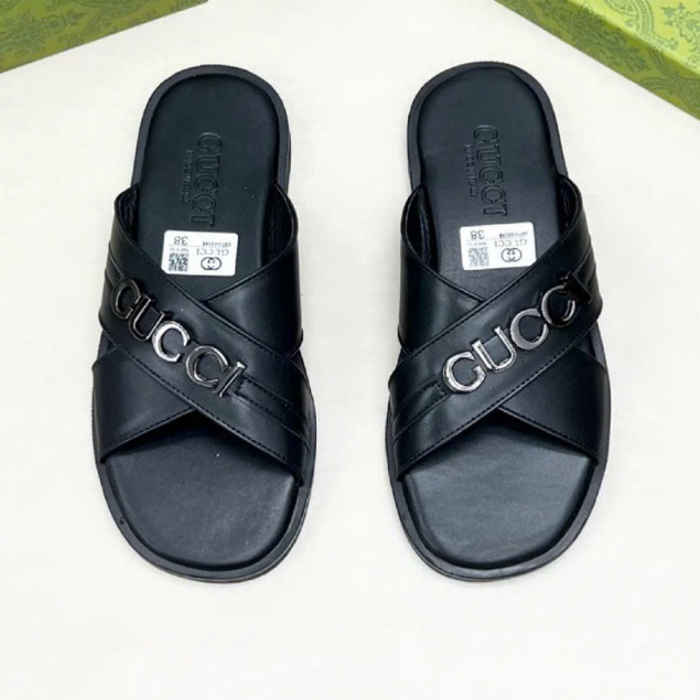 Dép Kẹp quai chéo GC Da Nam Cao Cấp Da Trơn, Da Vân Cá Sấu Kèm logo kim loại