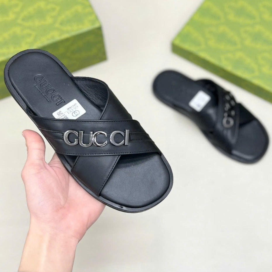 Dép Kẹp quai chéo GC Da Nam Cao Cấp Da Trơn, Da Vân Cá Sấu Kèm logo kim loại