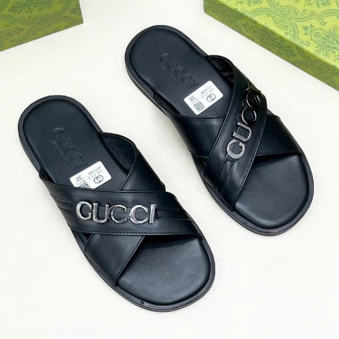 Dép Kẹp quai chéo GC Da Nam Cao Cấp Da Trơn, Da Vân Cá Sấu Kèm logo kim loại