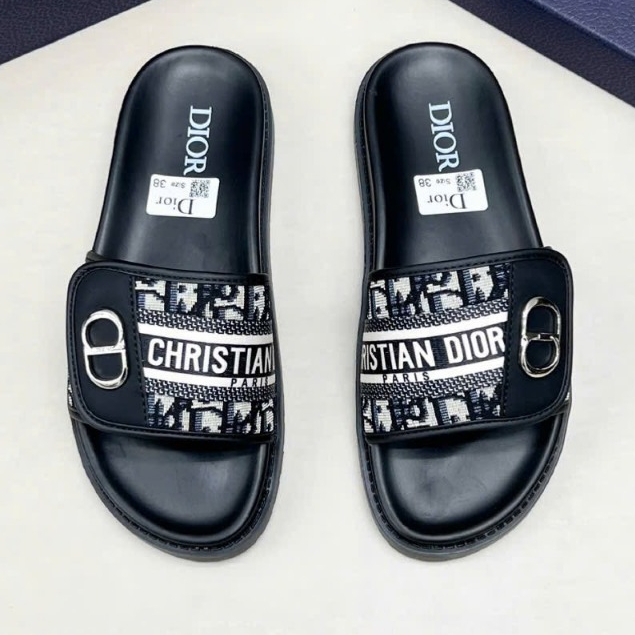 Dép quai dán DIOR nam nữ thêu logo kim loại, dép quai ngang DIOR thiết kế sang trọng đế cao su mềm mại full bill box