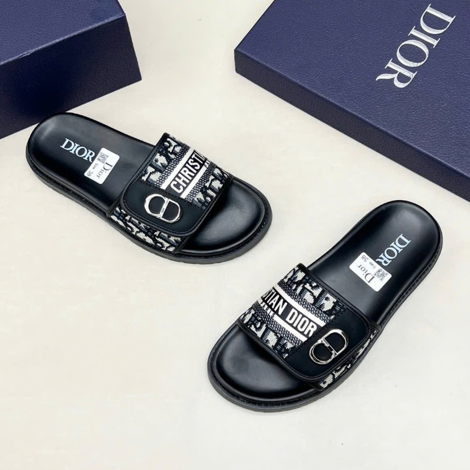 Dép quai dán DIOR nam nữ thêu logo kim loại, dép quai ngang DIOR thiết kế sang trọng đế cao su mềm mại full bill box