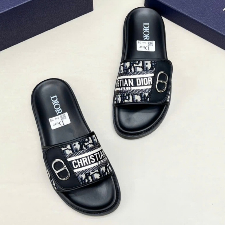 Dép quai dán DIOR nam nữ thêu logo kim loại, dép quai ngang DIOR thiết kế sang trọng đế cao su mềm mại full bill box