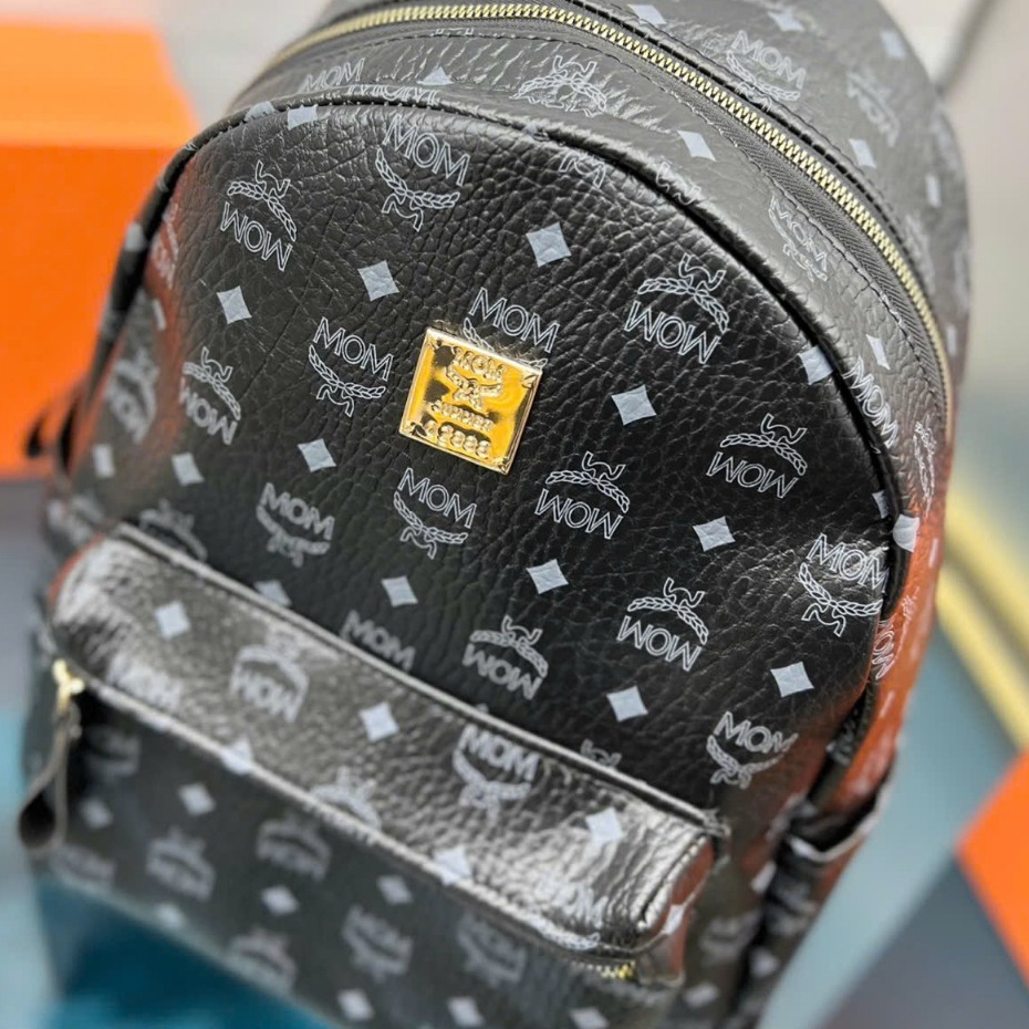 Balo MCM CAM ĐEN cao cấp - Chất liệu da phối vải - Fom dáng cực đẹp - Size 45 cực bự - Dành cho ae đi học và Du lịch