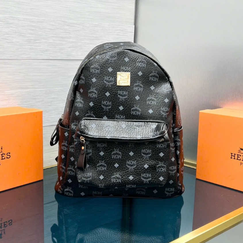 Balo MCM CAM ĐEN cao cấp - Chất liệu da phối vải - Fom dáng cực đẹp - Size 45 cực bự - Dành cho ae đi học và Du lịch