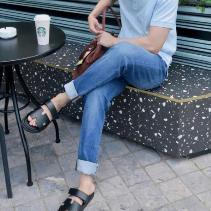 Dép Chữ Hm Quai Dán Cao Cấp ,Dép HM Chypre Sandal Blanc Epsom Đen