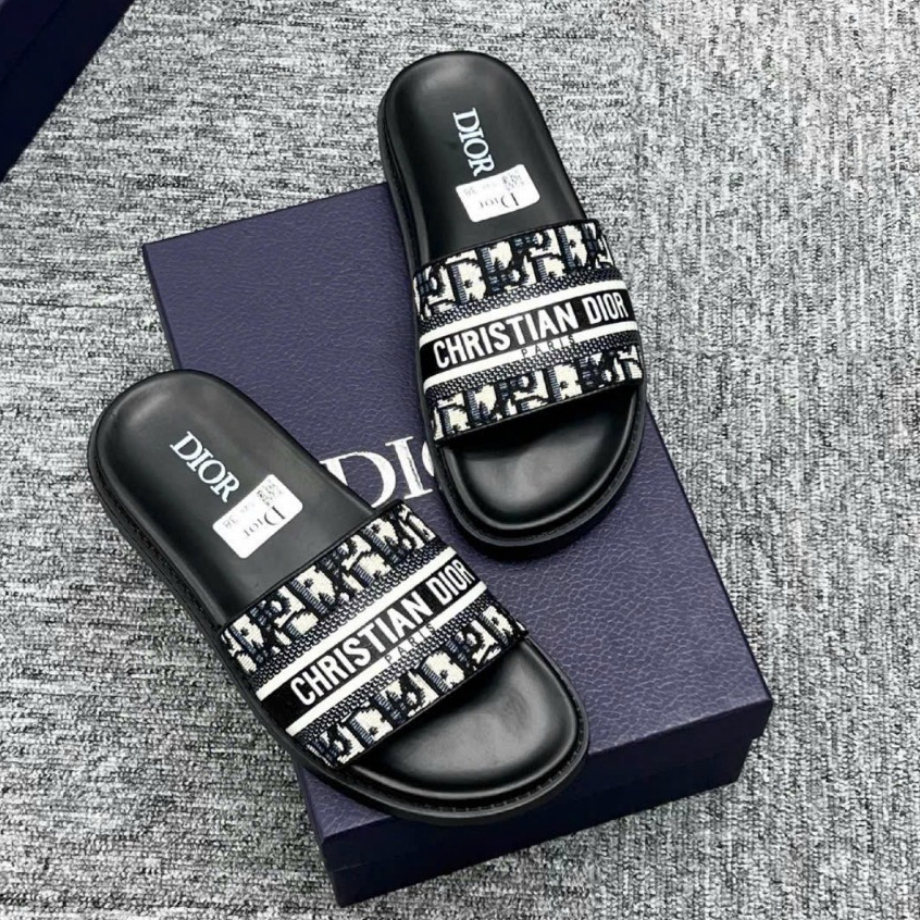 Dép Quai Ngang Di.or QUAI vải in Logo Cực Xịn - Dép Lê Nam Dệt Họa Tiết in Chữ Cực Đẹp Full Box