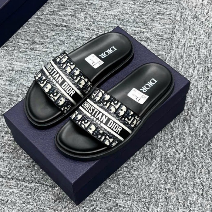 Dép Quai Ngang Di.or QUAI vải in Logo Cực Xịn - Dép Lê Nam Dệt Họa Tiết in Chữ Cực Đẹp Full Box