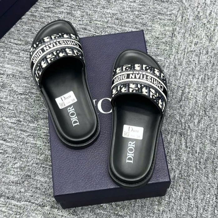 Dép Quai Ngang Di.or QUAI vải in Logo Cực Xịn - Dép Lê Nam Dệt Họa Tiết in Chữ Cực Đẹp Full Box