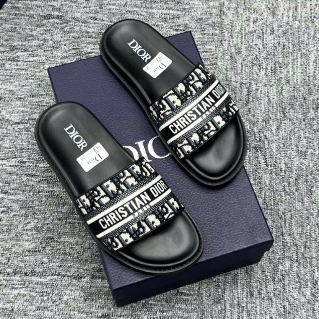 Dép Quai Ngang Di.or QUAI vải in Logo Cực Xịn - Dép Lê Nam Dệt Họa Tiết in Chữ Cực Đẹp Full Box