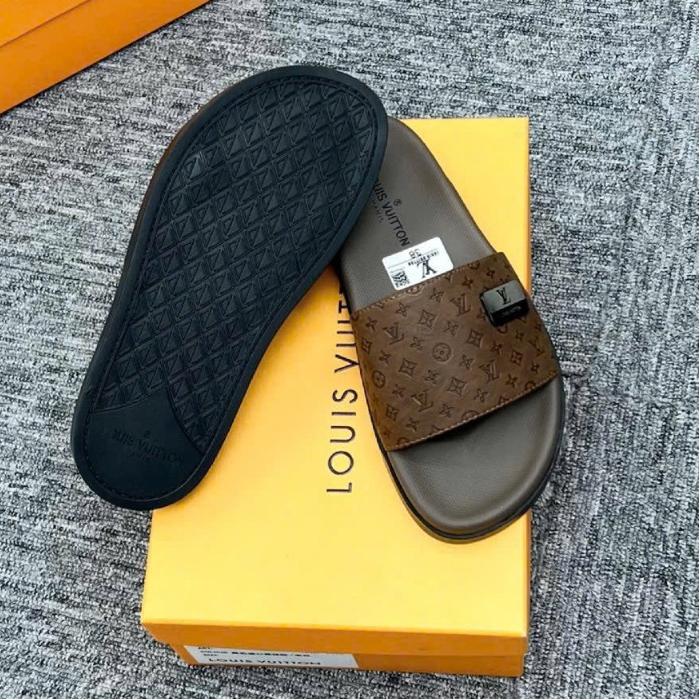 Dép nam lv quai ngang tag logo kim loai, quai da cao cấp họa tiết vân chìm sang trọng full box
