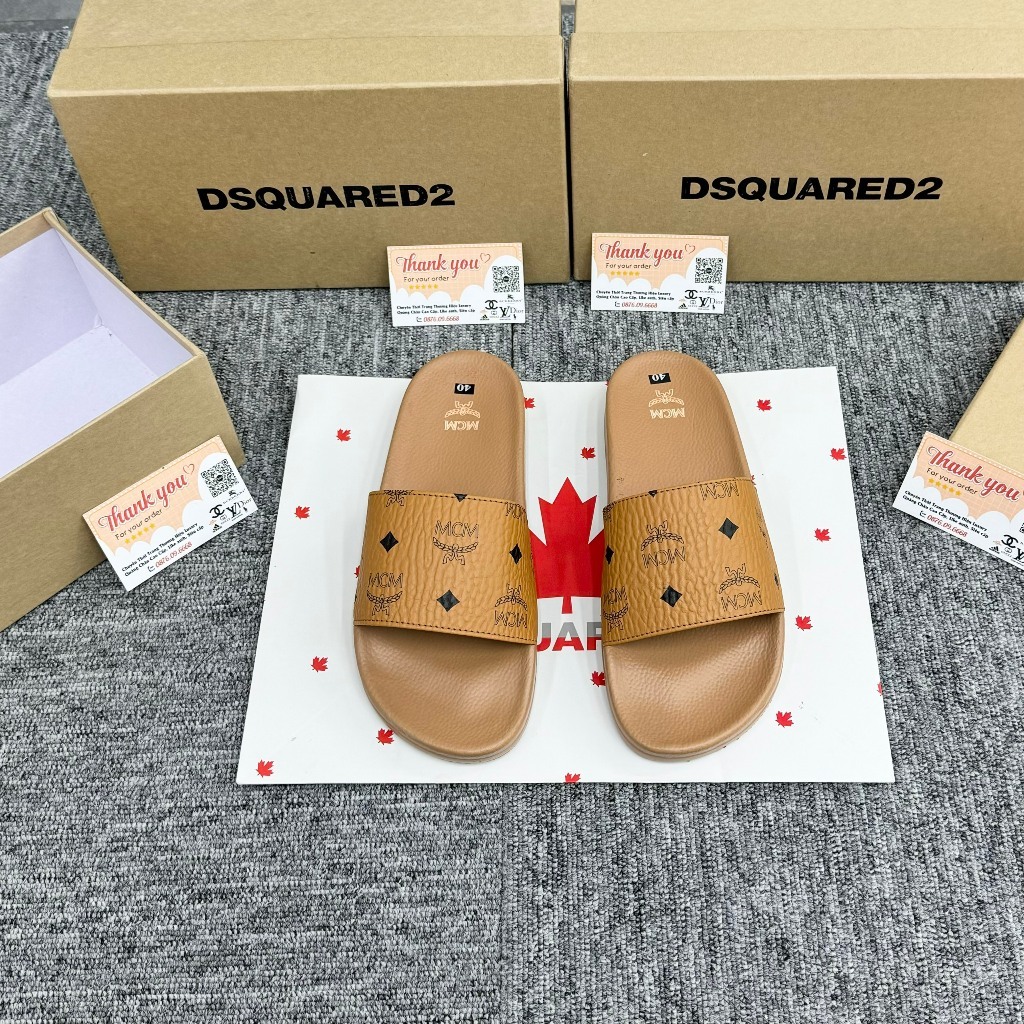 [ Xưởng Giày AIO ] Dép quai ngang nam nữ M.CM vàng Hoạ Tiết Tag Logo hàng QC loại 1,Dép M.CM Wmms Slides Monogram