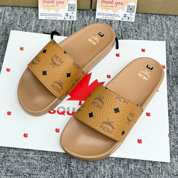 [ Xưởng Giày AIO ] Dép quai ngang nam nữ M.CM vàng Hoạ Tiết Tag Logo hàng QC loại 1,Dép M.CM Wmms Slides Monogram