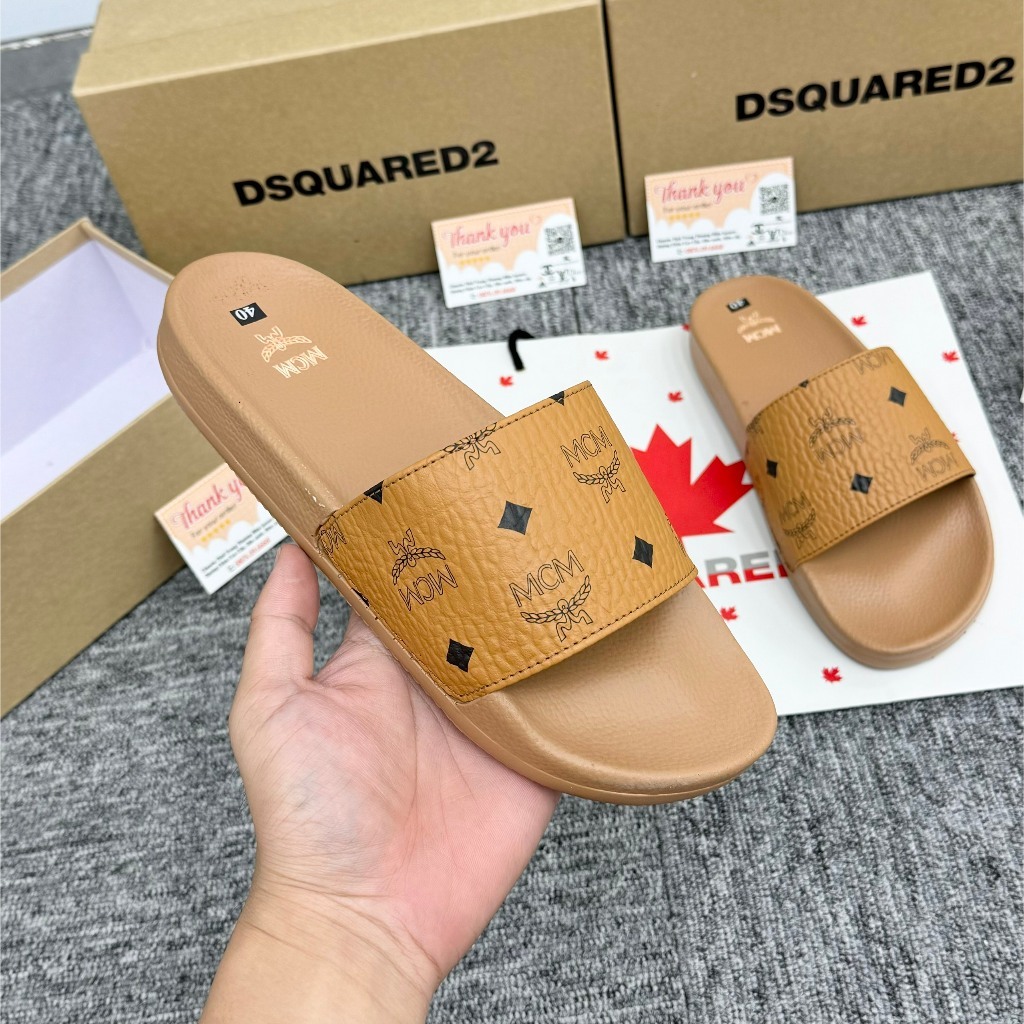 [ Xưởng Giày AIO ] Dép quai ngang nam nữ M.CM vàng Hoạ Tiết Tag Logo hàng QC loại 1,Dép M.CM Wmms Slides Monogram