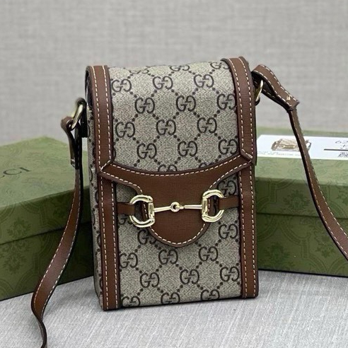 Túi xách DA nữ đeo chéo Túi đeo chéo da nam nữ mini bag GG nâu hoạ tiết chữ chéo monogram móc xích khoá nam châm