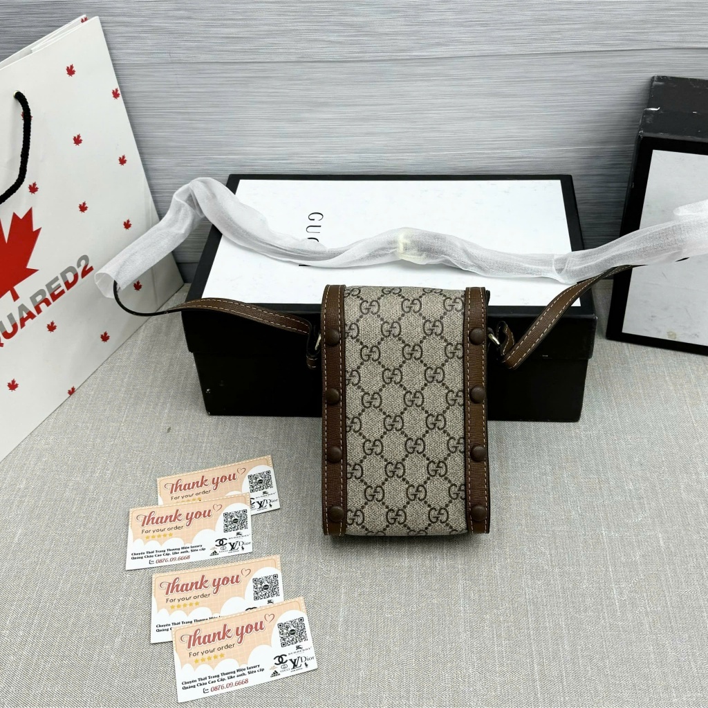 Túi xách DA nữ đeo chéo Túi đeo chéo da nam nữ mini bag GG nâu hoạ tiết chữ chéo monogram móc xích khoá nam châm