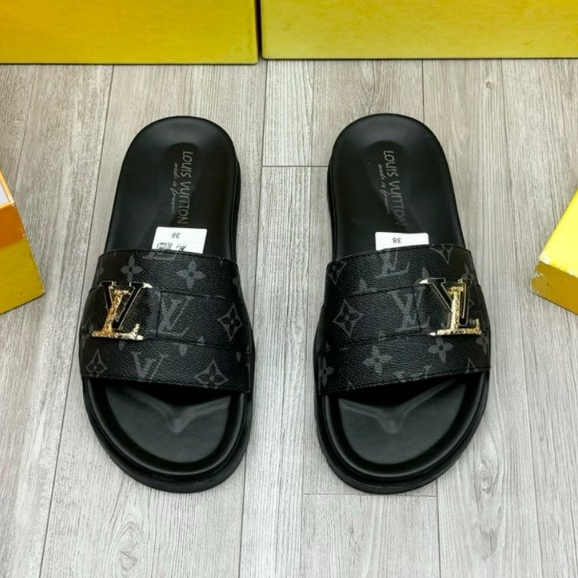Dép lê nam quai ngang Eo Vì dệt quai da vân monogram thêu chữ đế khắc logo kim loại  cao cấp